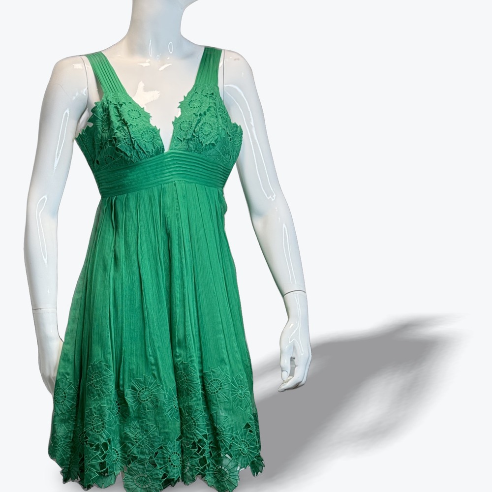 Catherine Malandrino Brunch Dress Silk Embroidered Empire Waist Cut Out Green 0‎